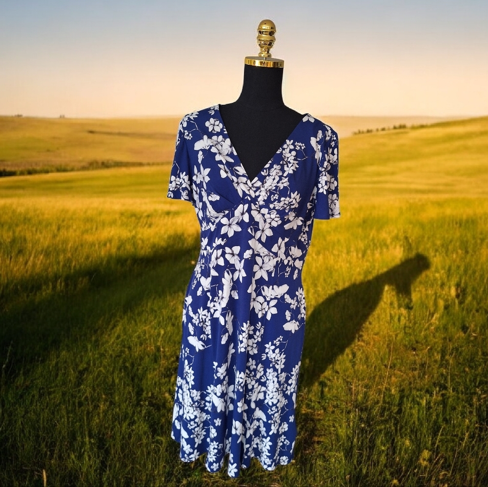 Chaps Blue and White Floral Midi Dress